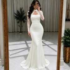 Lace Long Sleeves Mermaid Appliques Wedding Dresses High Neck Satin Bridal Gowns