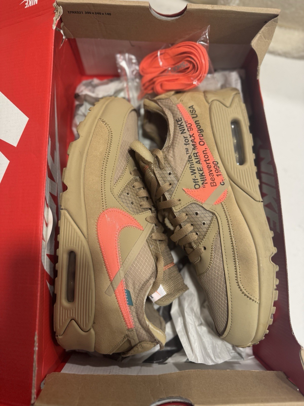OFF WHITE X NIKE Nike Air Max 90 x OFF WHITE Desert Ore taglia 12 AA7293 200 Virgil usate