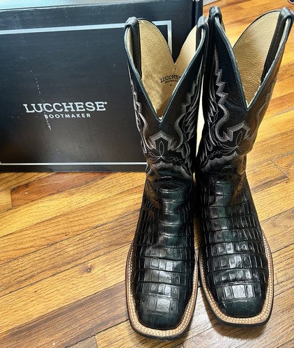 Lucchese Men's Black Caiman/Smooth Goat Handmade Western Boots, Size 11