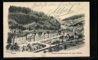 Artist postcard Eugen Felle: Calw, high trade school with new bridge 1907 