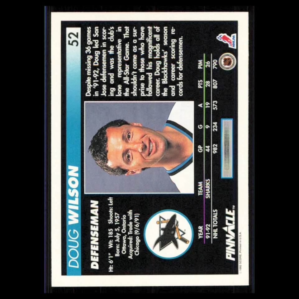 Хоккейная карточка Дага Уилсона No52 1992 Pinnacle San Jose Sharks НХЛ почти как новая - Изображение 2 из 3