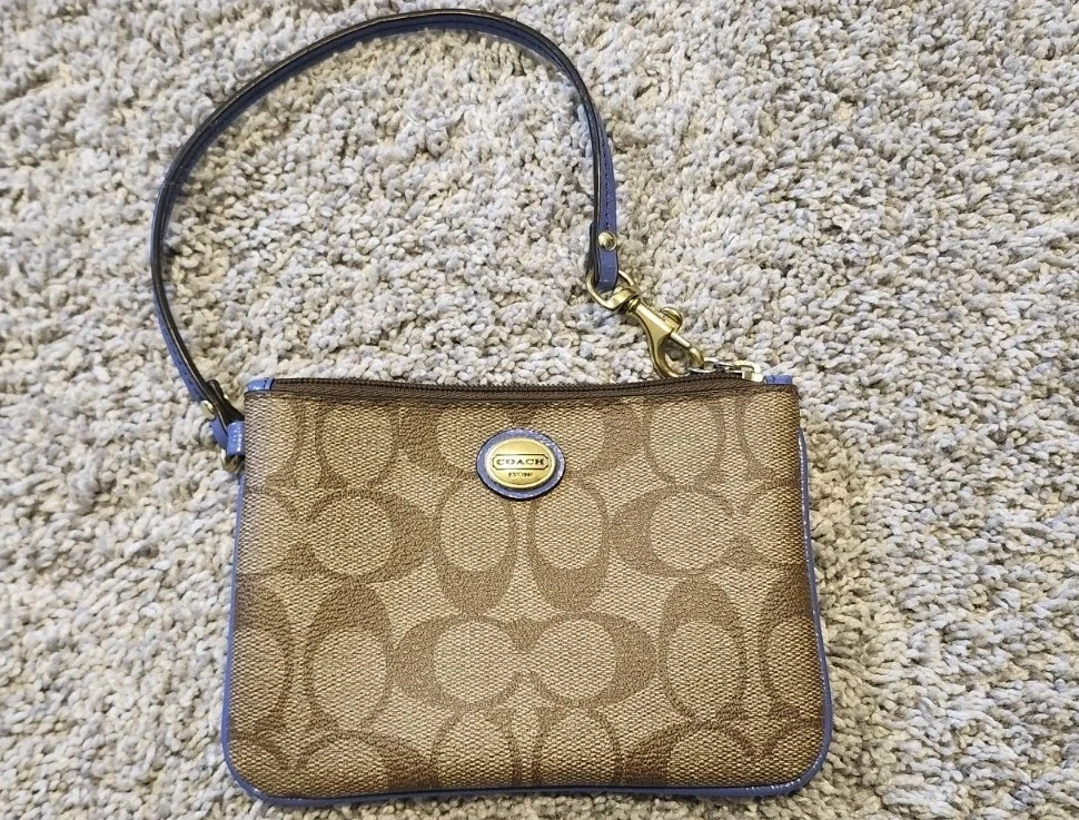 Coach Braccialetto Pelle Tela Marrone Logo Viola Cinturino Interni Dettagli Oro