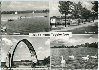 Foto-AK BERLIN TEGEL Gruss vom Tegeler See, Mehrbild, Mosaikbogen 50/60er