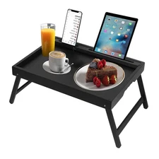 Bamboo Bed Tray Table with Folding Legs, Phone/Tablet Holder, Foldable Breakf...
