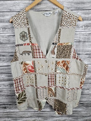 Victoria Jones Beige Safari Animal Print Patchwork Vest Women's Plus Size 18W