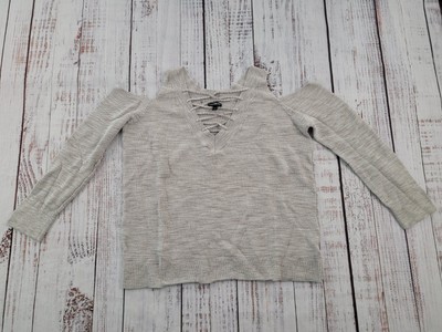 Express Light Gray Cold Shoulder Lace Up V Neck Sweater Women's L *READ