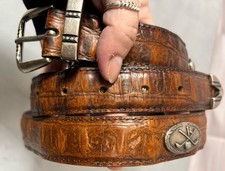 Vintage Distressed Brown Leather Belt Croc Embossed Golf Conchos  Buckle