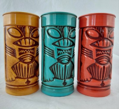  Plastic TIKI 3 Drinking Tumbler Cup Lot. HD Designs Orange Yellow Blue