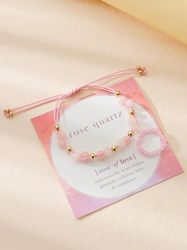 Rose Quartz Stone of Love Pink Colored Bracelet & Ring - Picture 2 of 2
