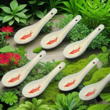 Asian Soup Spoons Set, Japanese Red koi fish Ceramic Soup Spoons set of 6