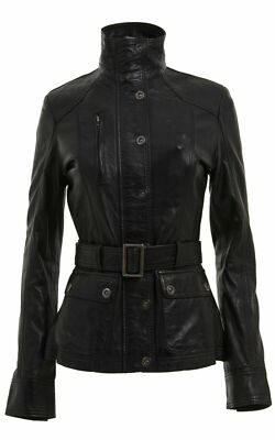 Damen schwarze Leder Biker Jacke Echtleder mittellang Gürtel Nieten Jacke