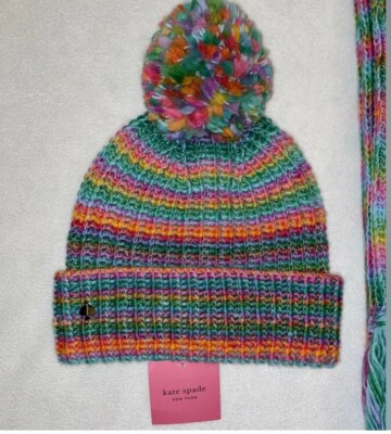 New Kate Spade Rainbow Stripe Marled Wool Pom Beanie Pom Hat  display picture 1
