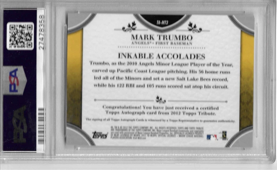 2012 Topps Tribute Auto Blue /50 Mark Trumbo #TA-MT3 Auto PSA 10 GEM - Image 2 of 2