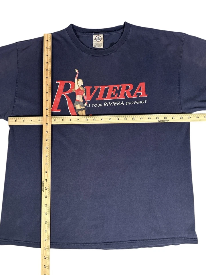 Riviera Casino Blue T-Shirt “Is Your Riviera Showing” Las Vegas Showgirl Sz XL - Изображение 3 из 4