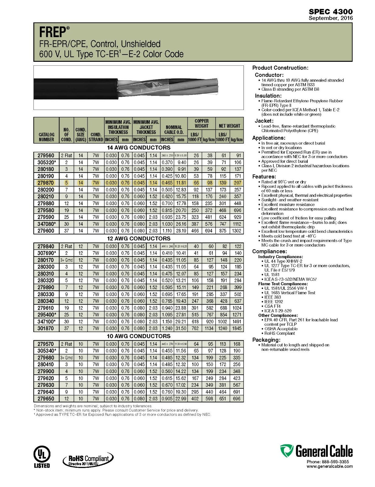 General Cable 279870 14/5C FREP TCER Tray Cable XHHW2 Conductors EPR