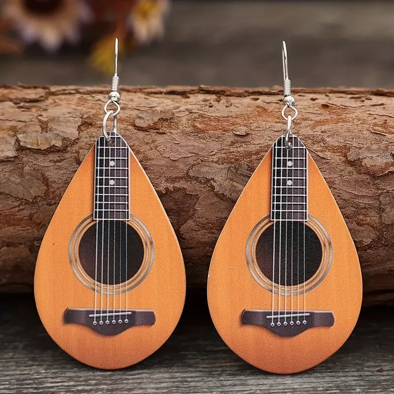 Pendientes colgantes de madera con forma de gota de agua con forma de ukelele elegantes regalos navideños para mujer Foto 4 de 4