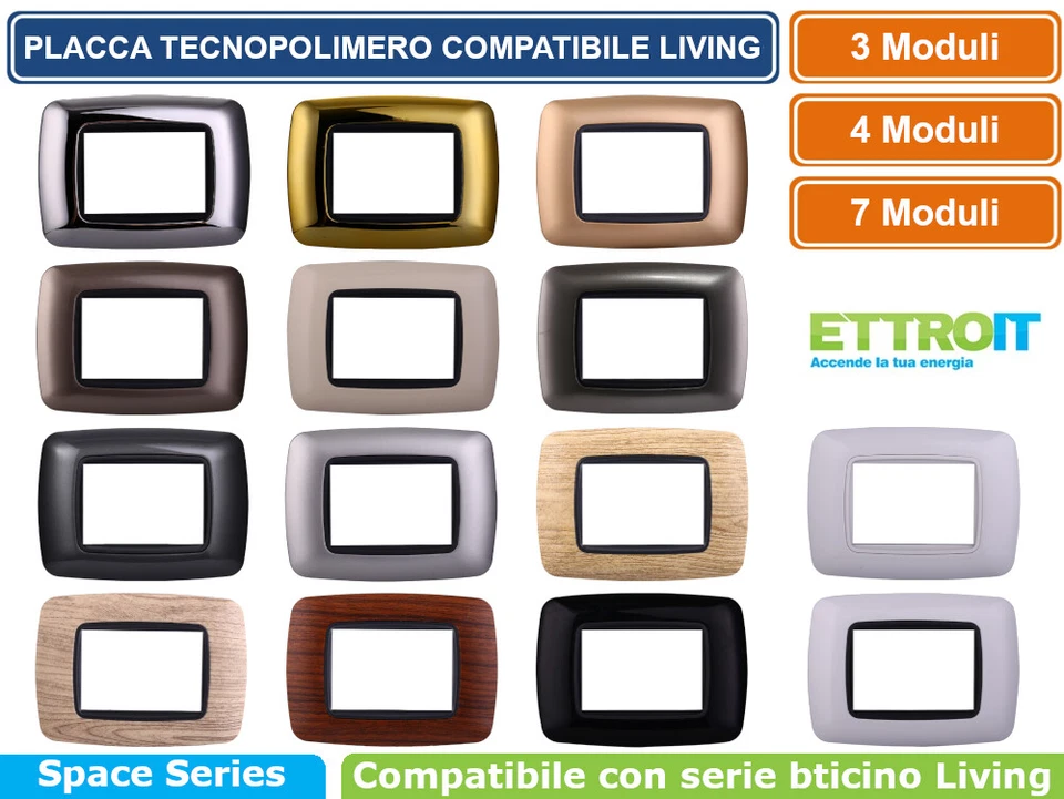 ETTROIT PLACCHE IN TECNOPOLIMERO 3 4 7 MODULI COMPATIBILE CON BTICINO LIVING VARI COLORI