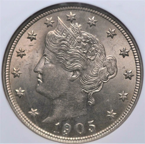 1905 LIBERTY "V" NICKEL NGC MS 62 LUSTROUS BRUSHED NICKEL WITH A BLUSH OF ROSEY
