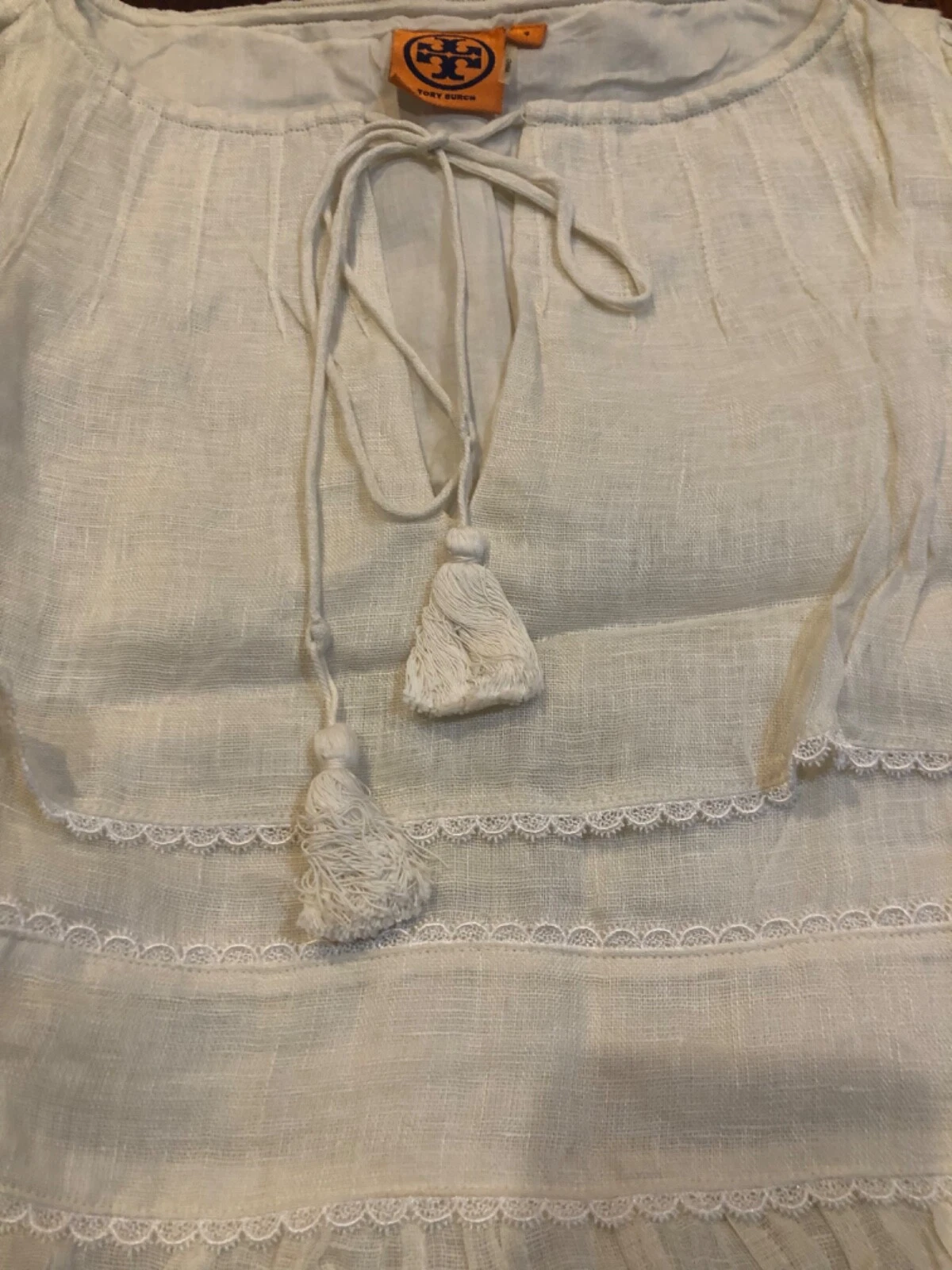 Abito Tory Burch 100% lino bianco a strati con volant in vita impero taglia 4