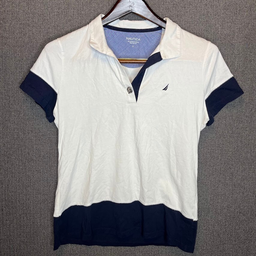 Nautica Women's Large White Polo Shirt Nautical Preppy Beach Pullover-image