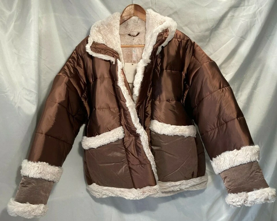 Free People Medium Size Coco Reversible Teddy Fur Padded Bronze Puffer Jkt - Image 2 of 4