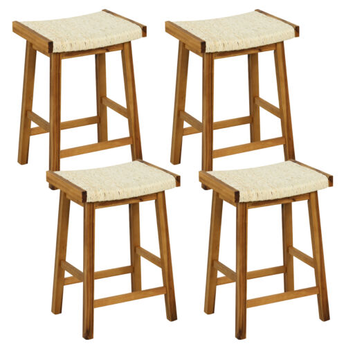 Wood 25.5" Dining Saddle Stool Set of 4 Counter Height Seaweed Woven Seat Solid