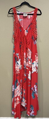 Jaase Dress womens Large RED Floral Lovers Passion Print Oversize eyelet  trim | eBay