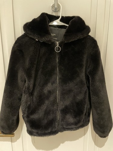 Bershka faux fur black zip up jacket XS 