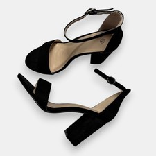 Womens Block Heel Sandals Ankle Strap Open Toe Heeled Shoes Black Faux Suede 3-8