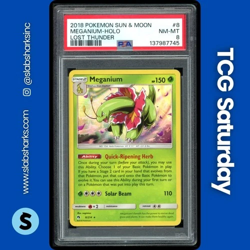 2018 POKEMON SUN & MOON LOST THUNDER #8/214 MEGANIUM HOLO PSA 8