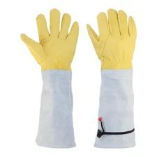 Leather Gardening Gloves, Long Thorn Proof Rose Garden Glove, Yellow-White-L