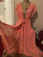 Forever 21 Coral Chiffon Maxi Flutter Sleeve Tie Waist Sheer Dress Size S