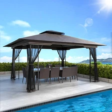11X13 Outdoor Patio Gazebo with Mosquito Netting and Corner Frame Screen Wall, D