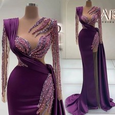 Luxury Purple Mermaid Evening Dresses Long Sleeves Lace Sequins Beaded Prom Gown