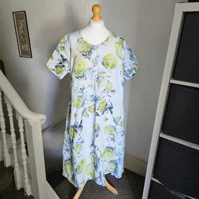 Grizas Lagenlook Leinen Kleid Large Limette Rosen Print Oversize Etuikleid Tasche