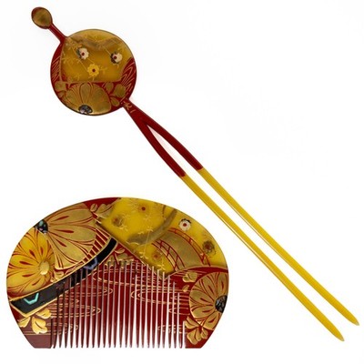 VTG Japanese Kushi & Hira Kanzashi Hair Ornament 2-Pcs Set Gold Floral Celluloid