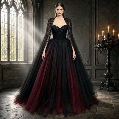 Dark Romantic Black Burgundy Gothic Wedding Dress Beaded Cape Corset Sweetheart