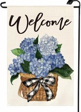 Welcome Spring Hydrangea garden flag 12x18 Inch Double Sided Summer blue
