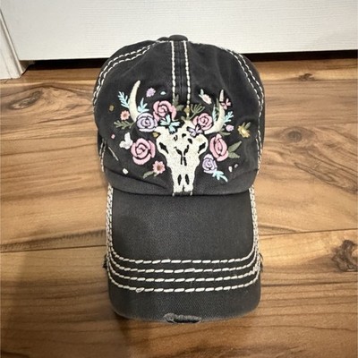 KBETHOS Vintage Black Embroidered Skull Floral Cotton Strapback Cap Adjustable