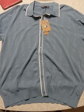 PJ Paul Jones Knit Button Front Short Sleeve Shirt Collared Dusty Blue Mens L
