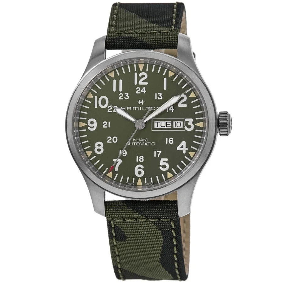 Nuevo Reloj para Hombre Hamilton Caqui Campo Día Fecha Automático Esfera Verde Tela H70535061