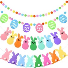 4 Pack Easter Garlands 32.8 Feet Felt Bunny Eggs Pom Pom Garland Multi Color