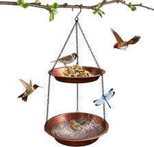 Double Layer Metal Hanging Birdbath 2 in 1 Bird Feeders with Black Chains for Ou