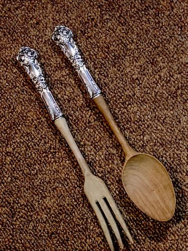 Reed & Barton FRENCH RENAISSANCE Sterling Handle, Wood Salad Set, No Mono, VGC