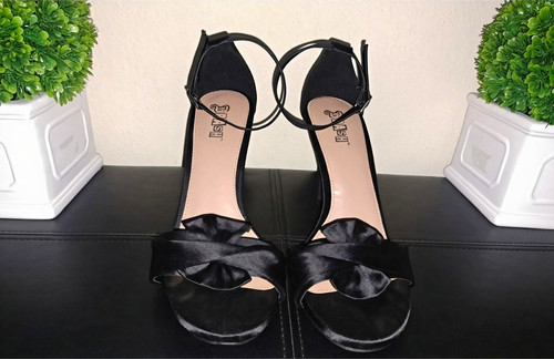 Brash Women’s Black Satin Strappy Open Toe Bow Buckle Ankle Stiletto 9.5