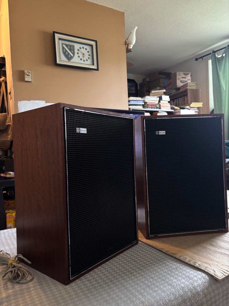 1960s Philips High Fidelity Teak Wood Grain Speakers Made In