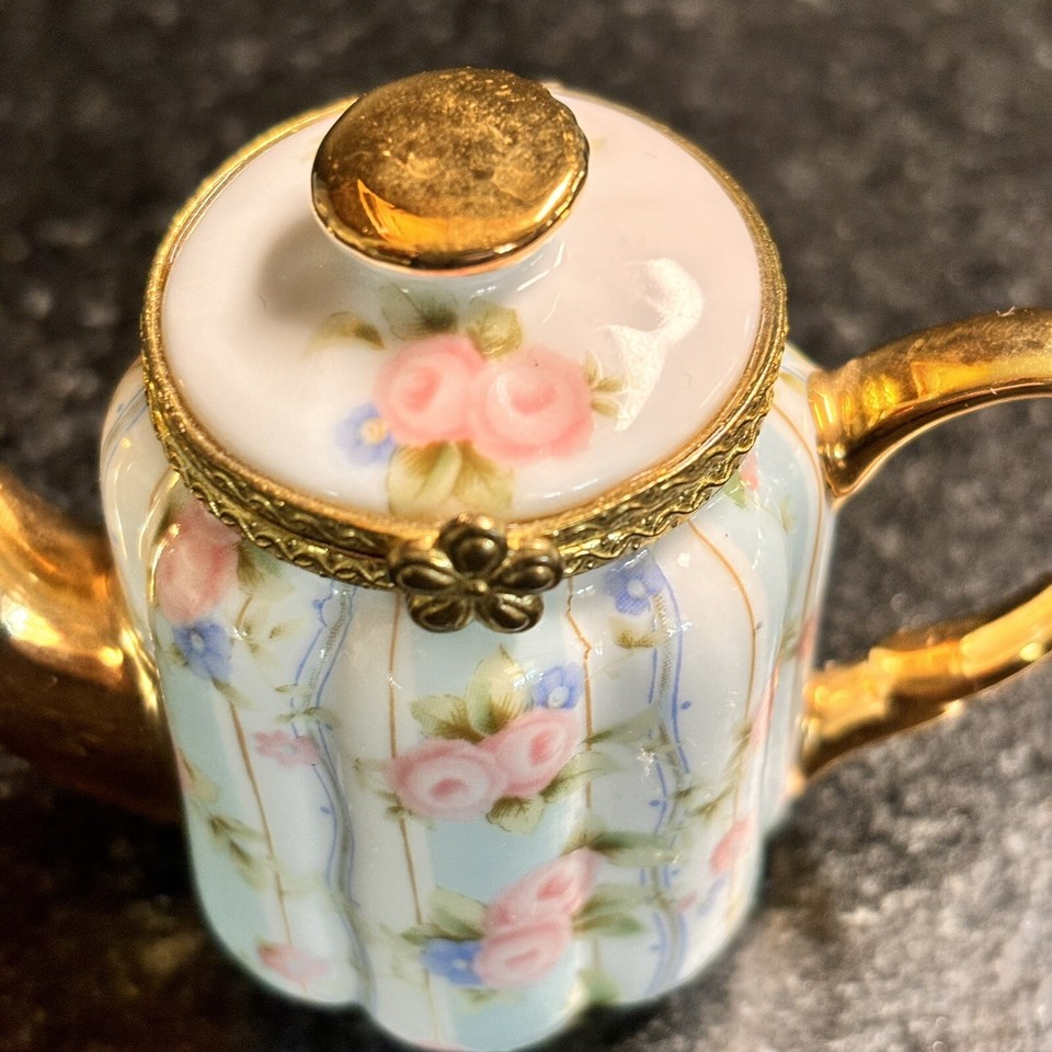 Floral Rose Teapot Hinged Trinket Box Blue Pink Flower Gold Limoges