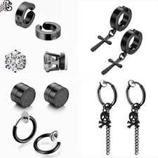 6 Pair Men Women Stainless Steel Cross Hoop Stud Earrings Non Piercing Fake Ear