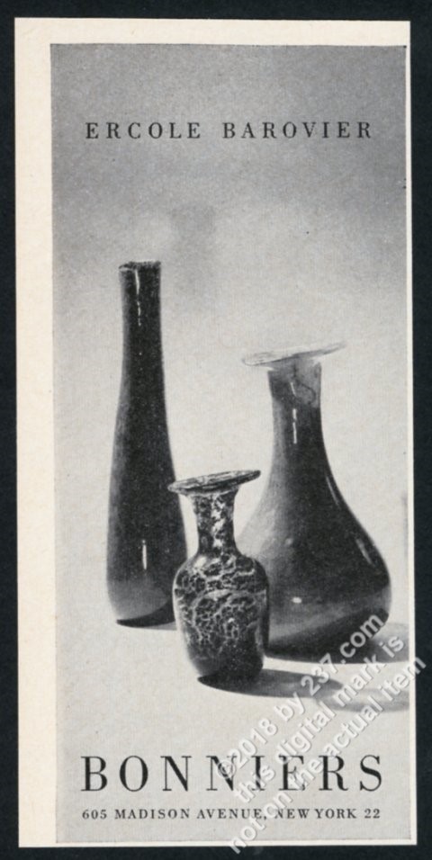 1954 Ercole Barovier 3 glass vase photo Bonniers NYC vintage print ad