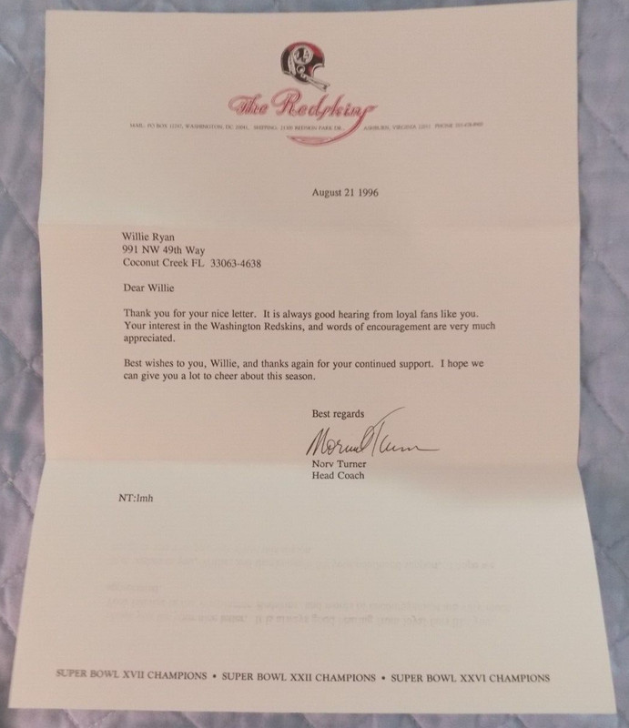Norv Turner Head Coach Washington Redskins Facsimile Signed Letter from 1996